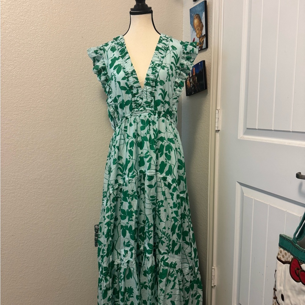 La Ligne Floral Ruffle Shoulder Sleeves Cotton + Silk Dress